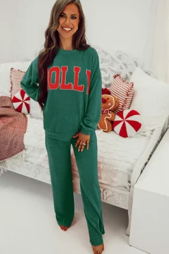 Clearance Dear-Lover JOLLY Corded Long Sleeve Top and Pockets Pants Set Evergreen