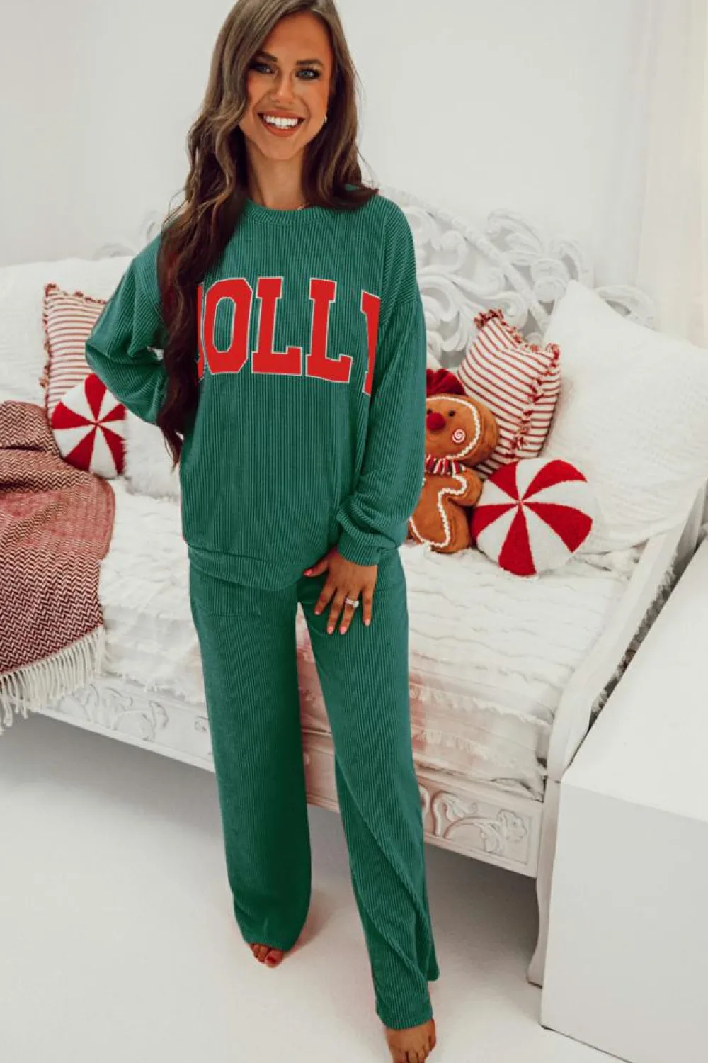 Clearance Dear-Lover JOLLY Corded Long Sleeve Top and Pockets Pants Set Evergreen