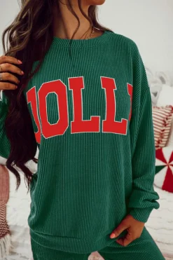 Clearance Dear-Lover JOLLY Corded Long Sleeve Top and Pockets Pants Set Evergreen