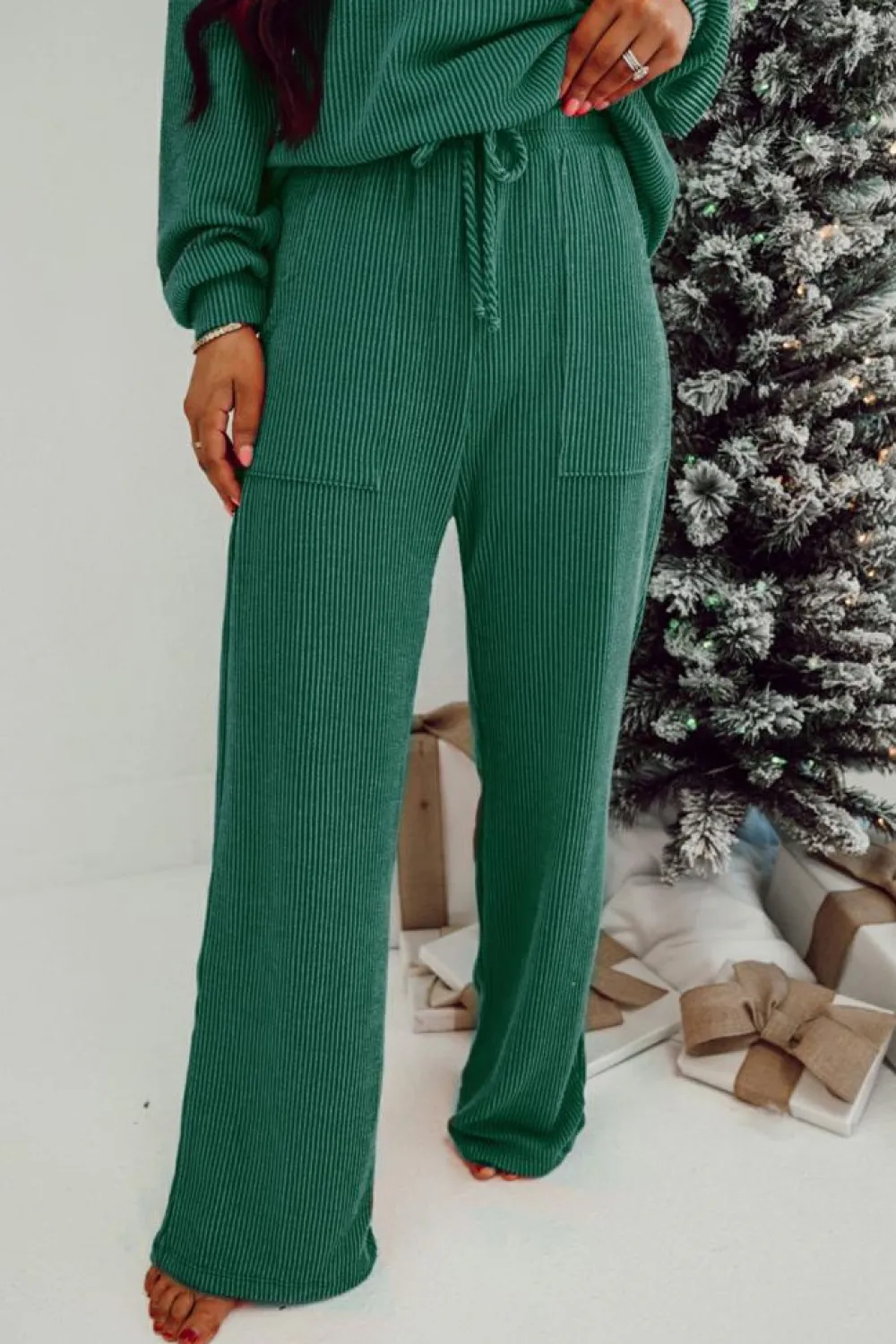 Clearance Dear-Lover JOLLY Corded Long Sleeve Top and Pockets Pants Set Evergreen