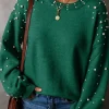 Hot Dear-Lover Pearled Drop Shoulder Round Neck Sweater Evergreen