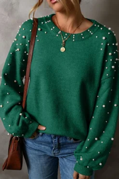 Hot Dear-Lover Pearled Drop Shoulder Round Neck Sweater Evergreen