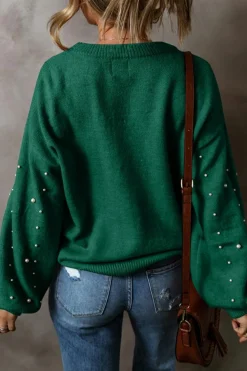 Hot Dear-Lover Pearled Drop Shoulder Round Neck Sweater Evergreen