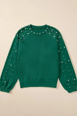 Hot Dear-Lover Pearled Drop Shoulder Round Neck Sweater Evergreen