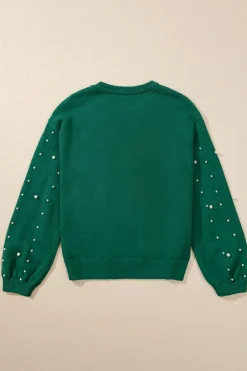 Hot Dear-Lover Pearled Drop Shoulder Round Neck Sweater Evergreen