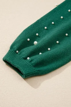 Hot Dear-Lover Pearled Drop Shoulder Round Neck Sweater Evergreen
