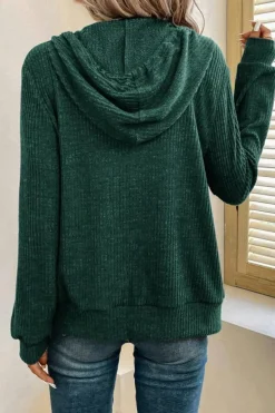 Outlet Dear-Lover Ribbed Zip Up Front Drawstring Hoodie Evergreen