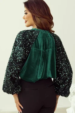 Hot Dear-Lover Sequin Patchwork Sleeve Button Up Velvet Top Evergreen