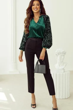 Hot Dear-Lover Sequin Patchwork Sleeve Button Up Velvet Top Evergreen