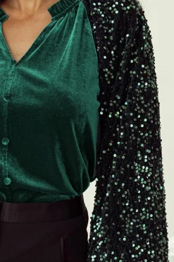 Hot Dear-Lover Sequin Patchwork Sleeve Button Up Velvet Top Evergreen