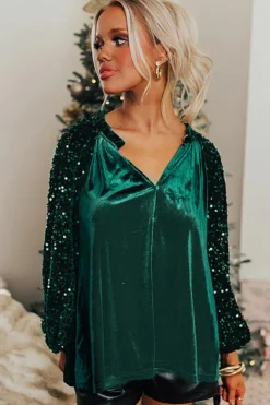 Hot Dear-Lover Sequin Patchwork Sleeve Button Up Velvet Top Evergreen