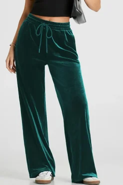 Clearance Dear-Lover Solid Drawstring Waist Wide Leg Pants Evergreen