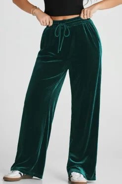 Clearance Dear-Lover Solid Drawstring Waist Wide Leg Pants Evergreen