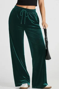 Clearance Dear-Lover Solid Drawstring Waist Wide Leg Pants Evergreen