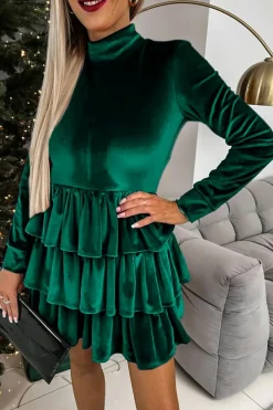 Hot Dear-Lover Velvet High Neck Tiered Ruffle Mini Dress Evergreen