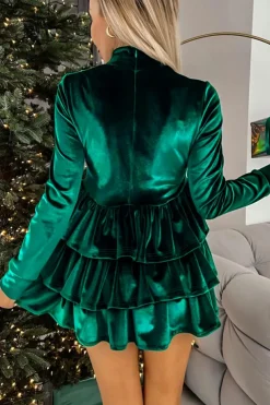 Hot Dear-Lover Velvet High Neck Tiered Ruffle Mini Dress Evergreen