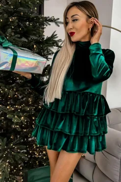 Hot Dear-Lover Velvet High Neck Tiered Ruffle Mini Dress Evergreen
