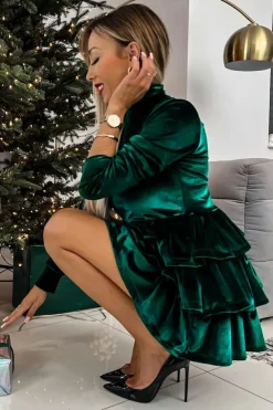 Hot Dear-Lover Velvet High Neck Tiered Ruffle Mini Dress Evergreen