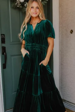 Online Dear-Lover Velvet Short Sleeve Shirred Waist Tiered Maxi Dress Evergreen