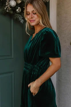 Online Dear-Lover Velvet Short Sleeve Shirred Waist Tiered Maxi Dress Evergreen