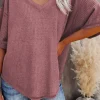 Fashion Dear-Lover Exposed Seam Half Sleeve Knitted V Neck Textured Top Rose