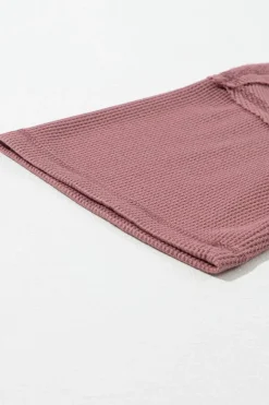 Fashion Dear-Lover Exposed Seam Half Sleeve Knitted V Neck Textured Top Rose