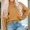 Fashion Dear-Lover Exposed Seam Patchwork Bubble Sleeve Waffle Knit Top Brown