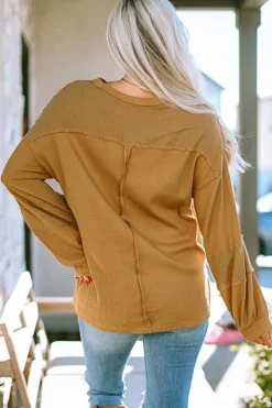 Fashion Dear-Lover Exposed Seam Patchwork Bubble Sleeve Waffle Knit Top Brown