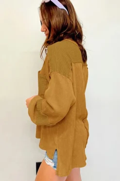 Fashion Dear-Lover Exposed Seam Patchwork Bubble Sleeve Waffle Knit Top Brown