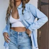 Sale Dear-Lover Fade Blue Ripped Denim Jacket Sky Blue