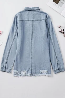 Sale Dear-Lover Fade Blue Ripped Denim Jacket Sky Blue
