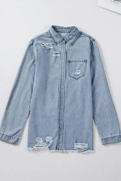 Sale Dear-Lover Fade Blue Ripped Denim Jacket Sky Blue