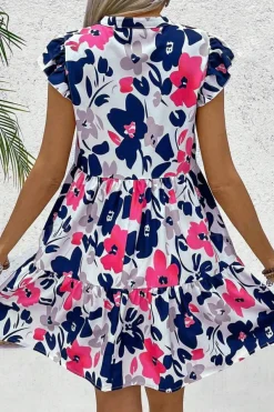 Best Dear-Lover Fashion Floral Print Notched Neck Flutter Sleeve Mini Dress Rose