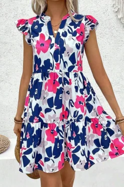 Best Dear-Lover Fashion Floral Print Notched Neck Flutter Sleeve Mini Dress Rose