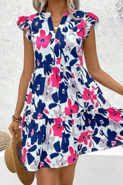 Best Dear-Lover Fashion Floral Print Notched Neck Flutter Sleeve Mini Dress Rose