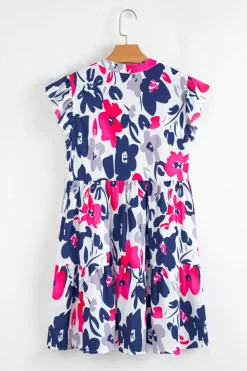 Best Dear-Lover Fashion Floral Print Notched Neck Flutter Sleeve Mini Dress Rose