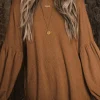 Online Dear-Lover Faux Knit Jacquard Puffy Long Sleeve Top Orange
