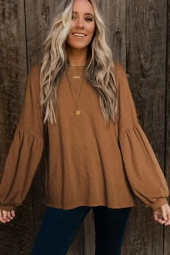Online Dear-Lover Faux Knit Jacquard Puffy Long Sleeve Top Orange
