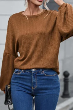 Online Dear-Lover Faux Knit Jacquard Puffy Long Sleeve Top Orange