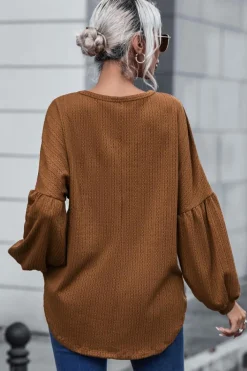 Online Dear-Lover Faux Knit Jacquard Puffy Long Sleeve Top Orange
