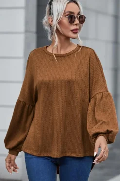 Online Dear-Lover Faux Knit Jacquard Puffy Long Sleeve Top Orange
