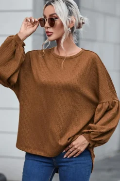 Online Dear-Lover Faux Knit Jacquard Puffy Long Sleeve Top Orange