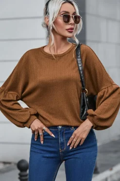 Online Dear-Lover Faux Knit Jacquard Puffy Long Sleeve Top Orange