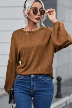 Online Dear-Lover Faux Knit Jacquard Puffy Long Sleeve Top Orange