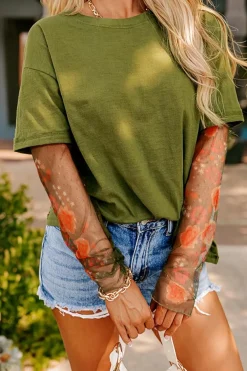 Outlet Dear-Lover Faux Two Piece Floral Long Sleeve Patchwork Tee Fern Green
