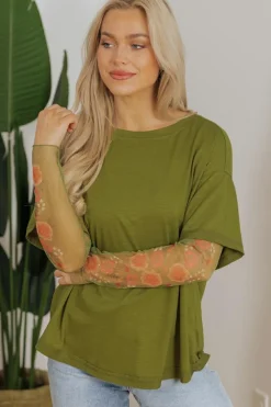 Outlet Dear-Lover Faux Two Piece Floral Long Sleeve Patchwork Tee Fern Green