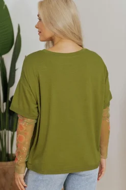 Outlet Dear-Lover Faux Two Piece Floral Long Sleeve Patchwork Tee Fern Green
