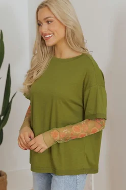 Outlet Dear-Lover Faux Two Piece Floral Long Sleeve Patchwork Tee Fern Green