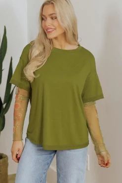 Outlet Dear-Lover Faux Two Piece Floral Long Sleeve Patchwork Tee Fern Green