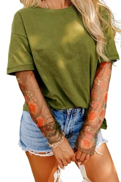 Outlet Dear-Lover Faux Two Piece Floral Long Sleeve Patchwork Tee Fern Green